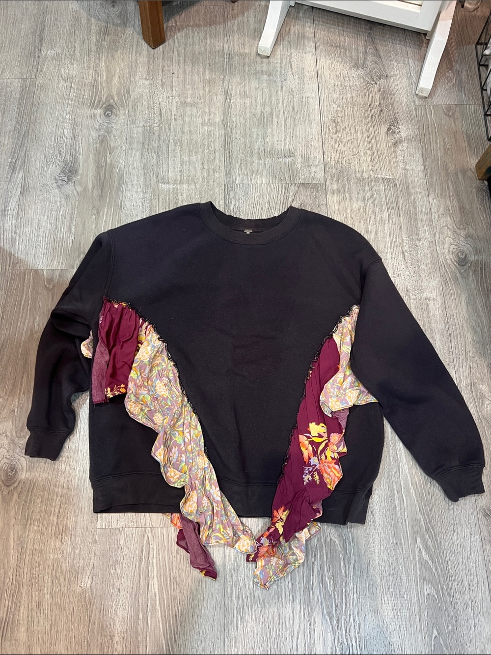 Free People Black Crewneck Sweater with Burgundy Floral Ruffle Insets S